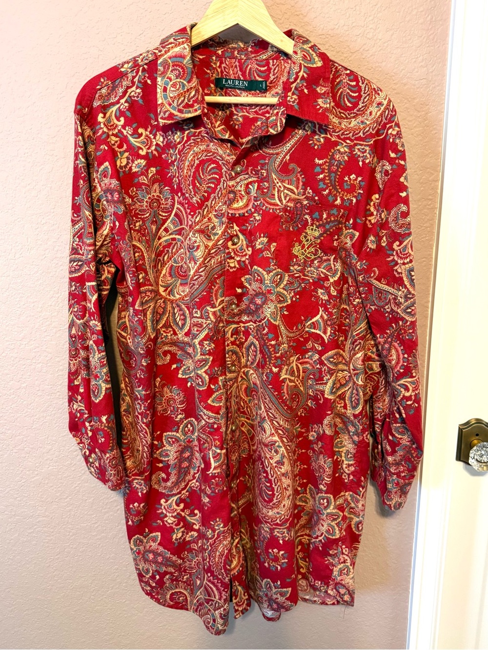 Lauren by Ralph Lauren Red Paisley Button-Down Pajama Shirt Nightgown
